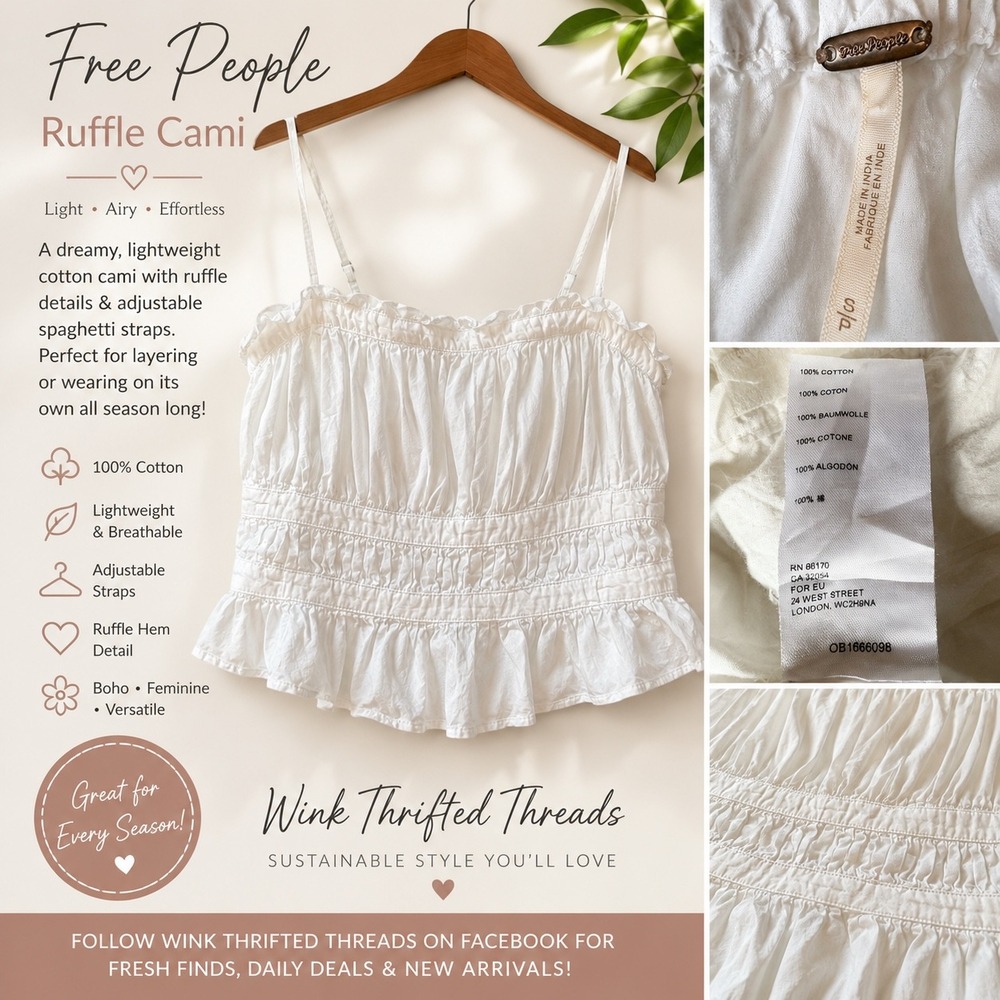 Free People White Ruffle Cami‎ Cotton Smocked Boho Tank Top OB1666098 Small